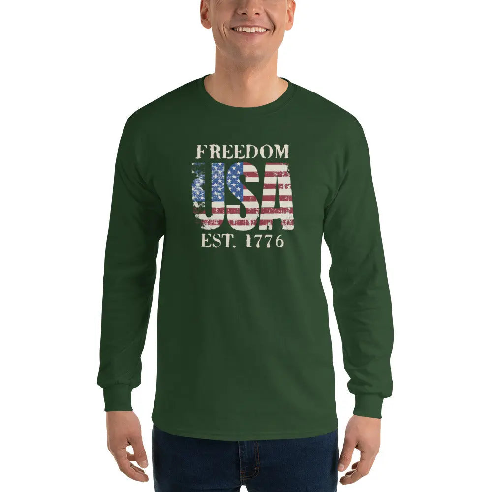 A man wearing a patriotic forest green long-sleeved shirt with the American flag in the shape of USA and the text "Freedom est. 1776."