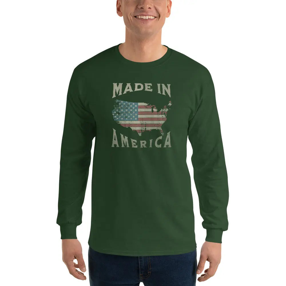 A man wearing a patriotic forest green long-sleeved shirt with the American flag in the shape of America and the text "Made in America."