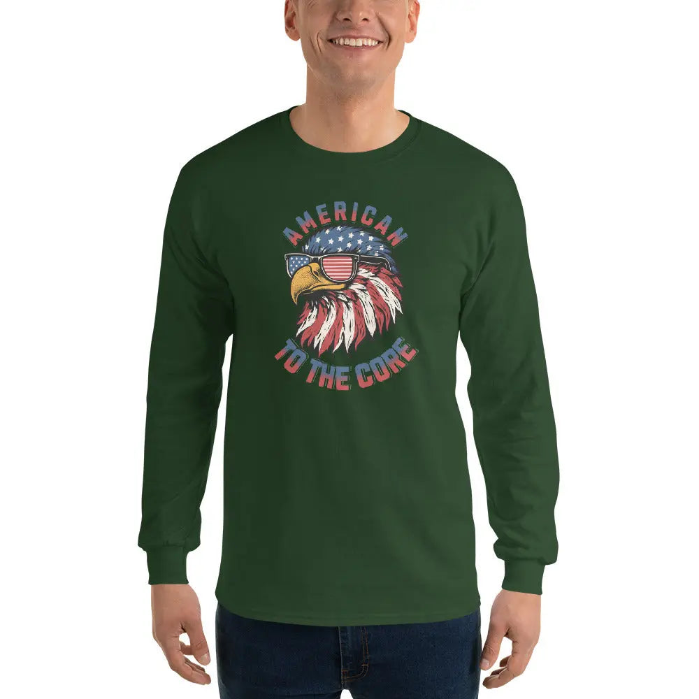 A man wearing a patriotic forest green long-sleeved shirt with an eagle head and the text "American To The Core."