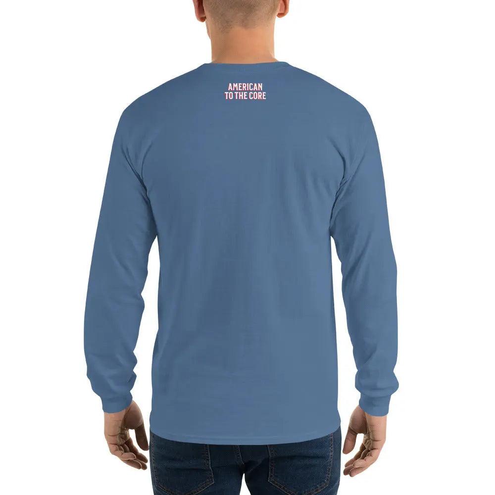 Back of a man wearing a patriotic indigo-blue long-sleeved shirt with the text "American To the Core."