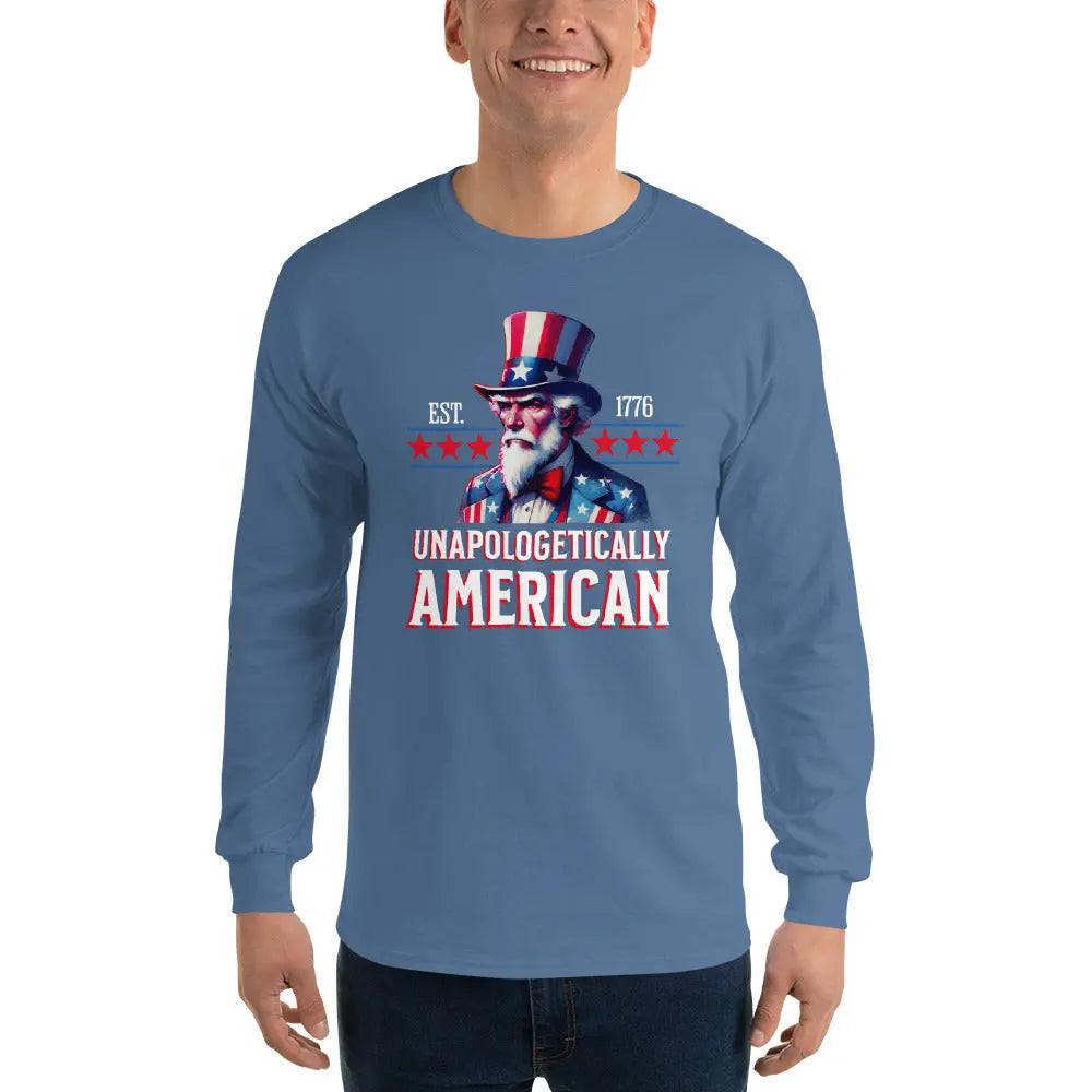 A man wearing a patriotic indigo blue long-sleeved shirt with Uncle Sam and the text "Unapologetically American."
