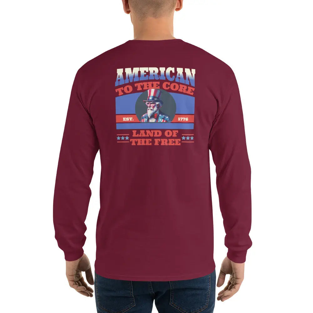 Back of a man wearing a patriotic maroon long-sleeved shirt with Uncle Sam and the text "American To The Core and Land of the Free."