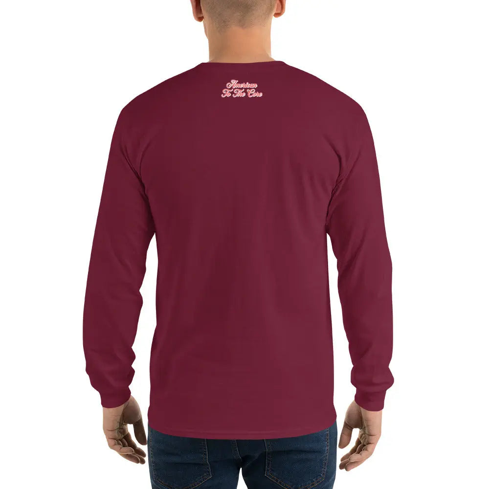 Back of a man wearing a patriotic maroon long-sleeved shirt with the text "American to the Core."