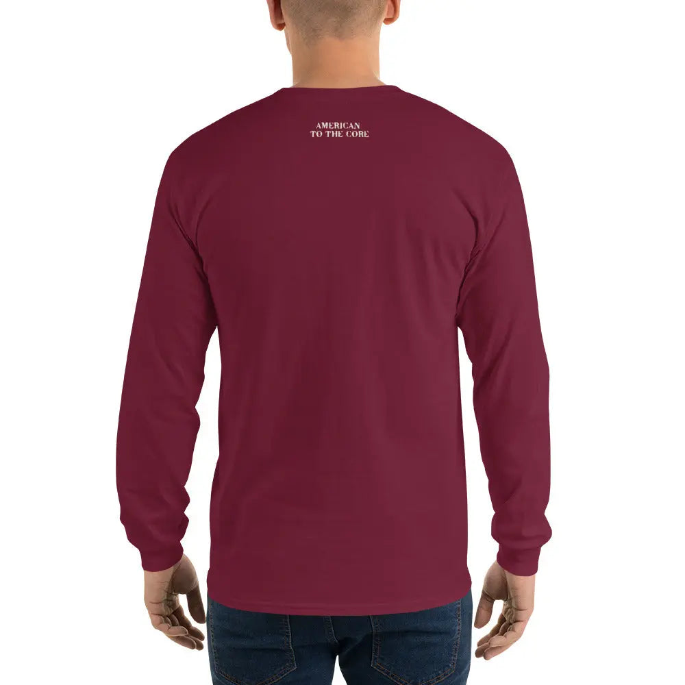 Back of a man wearing a patriotic maroon long-sleeved shirt with the text "American to the Core."