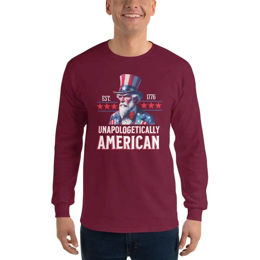 A man wearing a patriotic maroon long-sleeved shirt with Uncle Sam and the text "Unapologetically American."