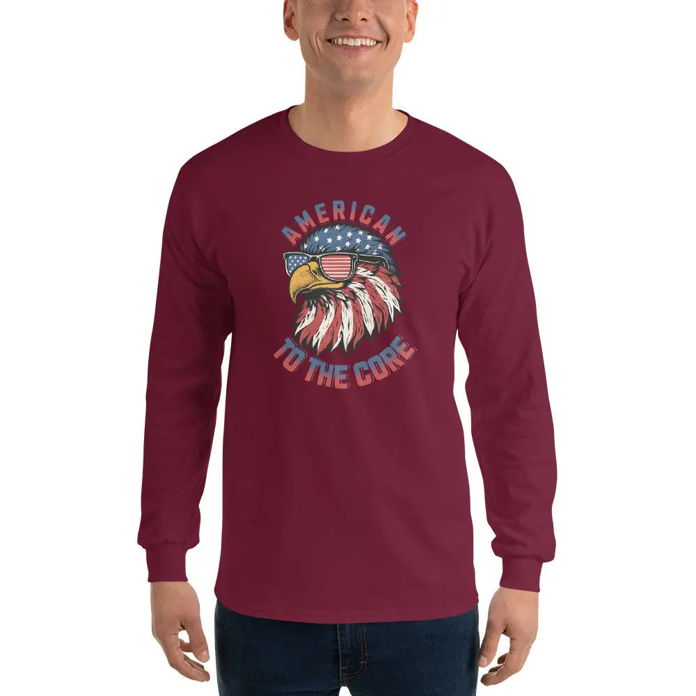A man wearing a patriotic maroon long-sleeved shirt with an eagle head and the text "American To The Core."