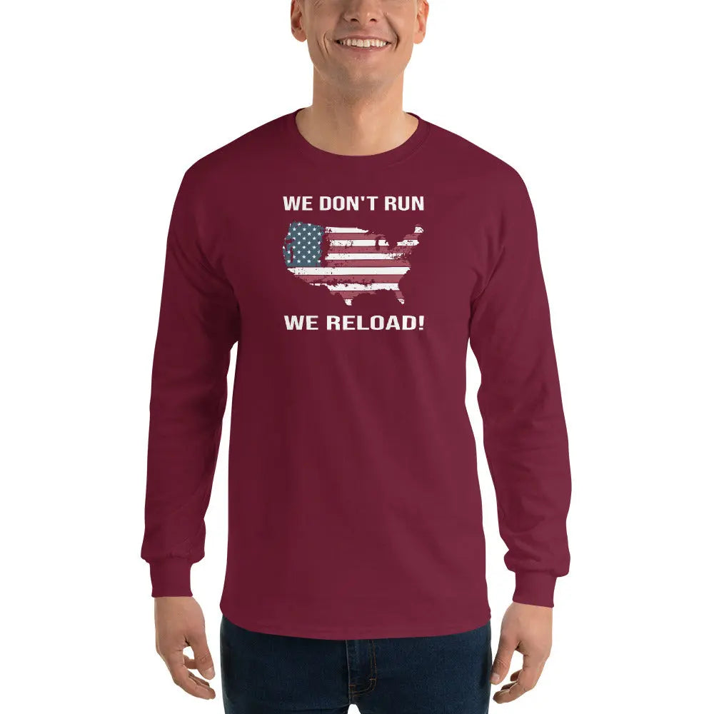 A man wearing a patriotic maroon long-sleeved shirt with the American flag in the shape of America and the text "We Don't Run, We Reload."