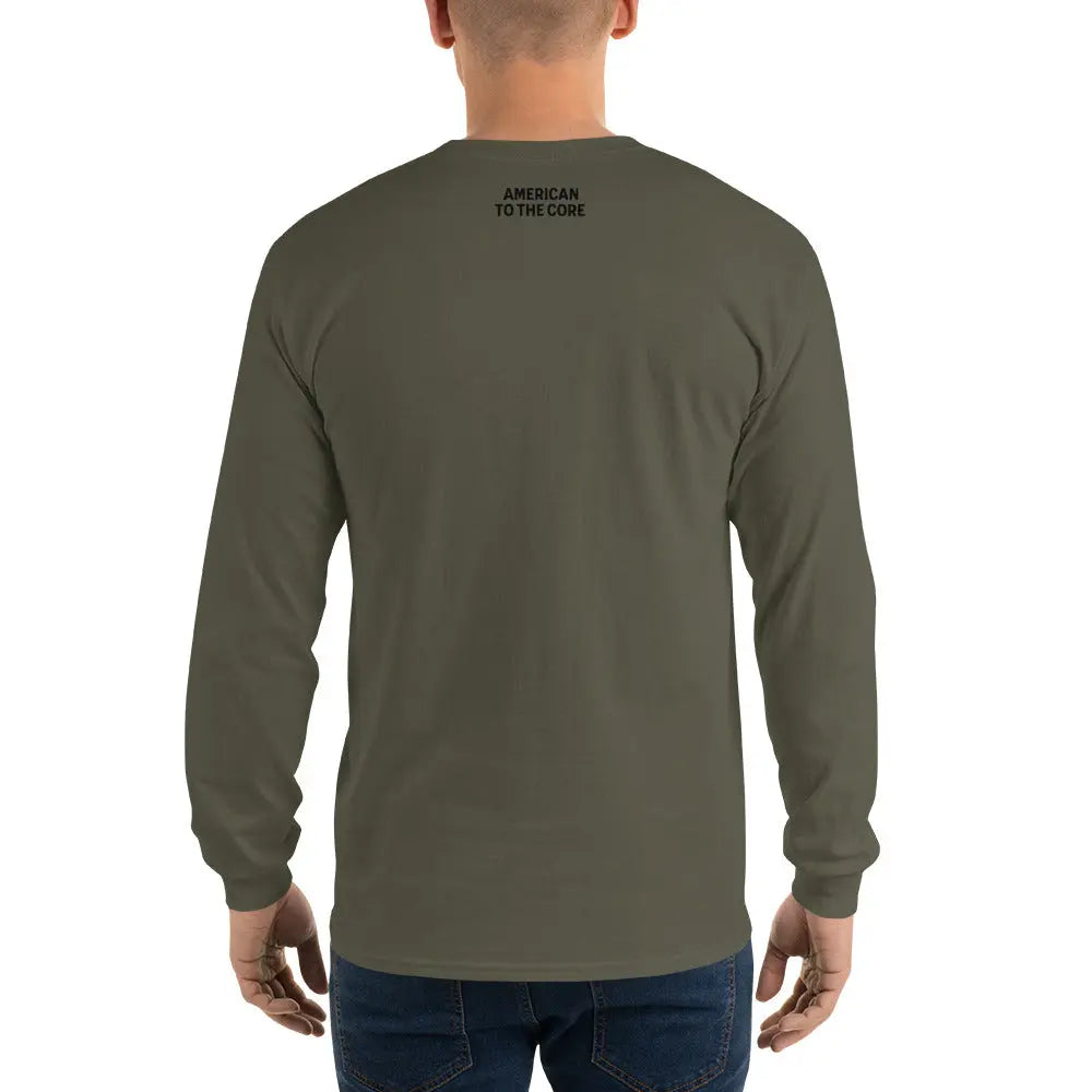 Back of a man wearing a patriotic military-green long-sleeved shirt with the text "American To The Core."