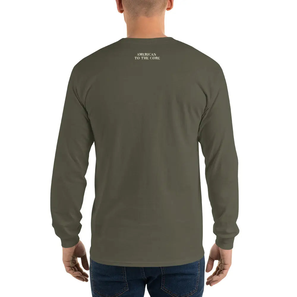 Back of a man wearing a patriotic military green long-sleeved shirt with the text "American to the Core."