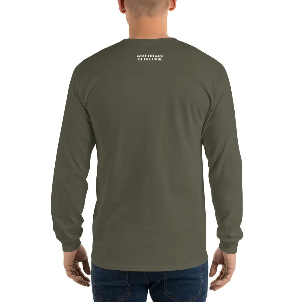 The back of a man wearing a patriotic military green long-sleeved shirt with the text "American To The Core."