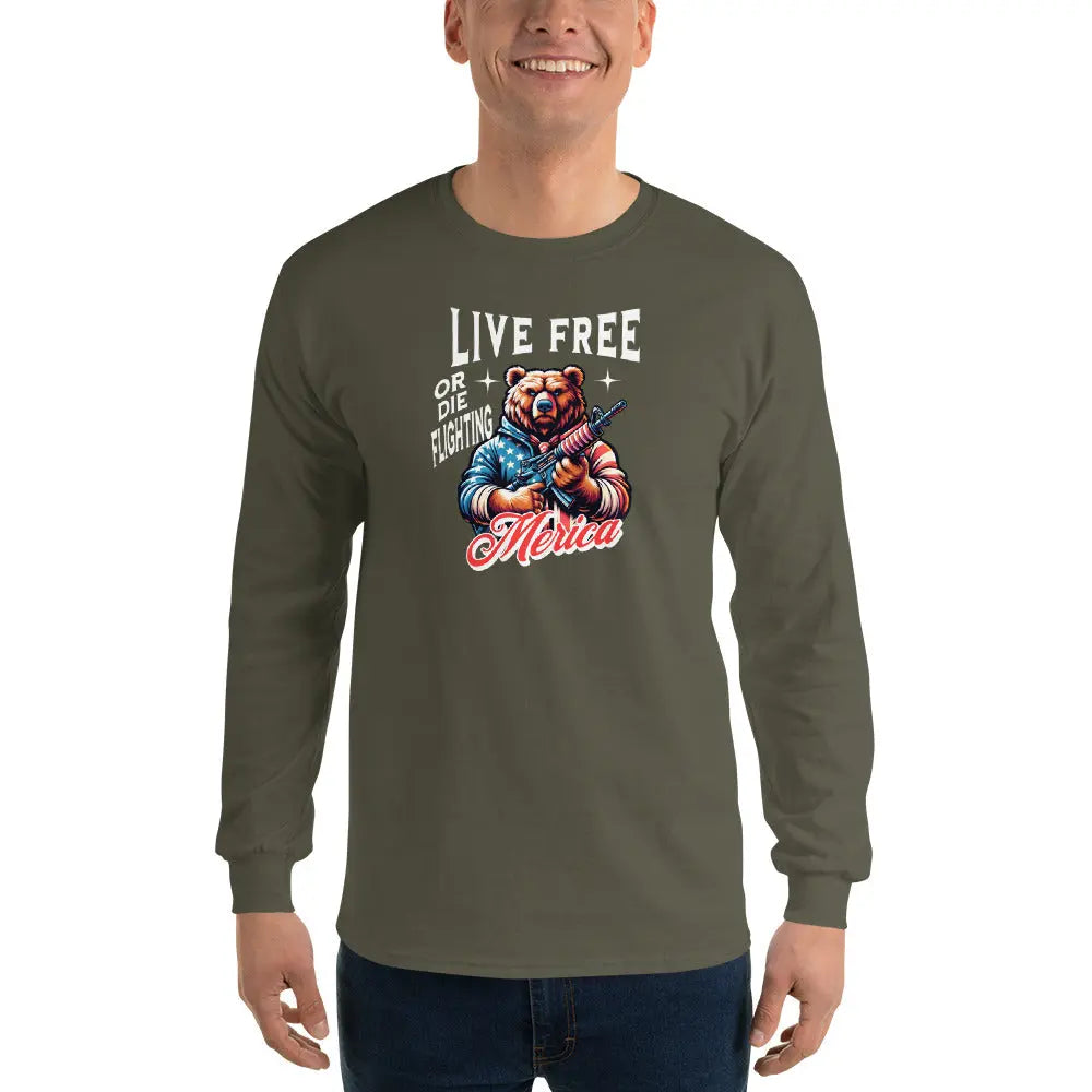 Back of a man wearing a patriotic military-green long-sleeved shirt with a bear holding a gun and the text "Live free or die fighting, America."