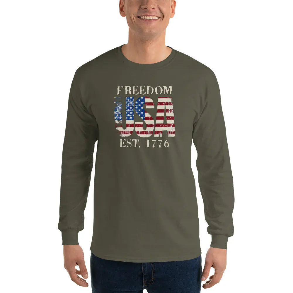 A man wearing a patriotic military green long-sleeved shirt with the American flag in the shape of USA and the text "Freedom est. 1776."