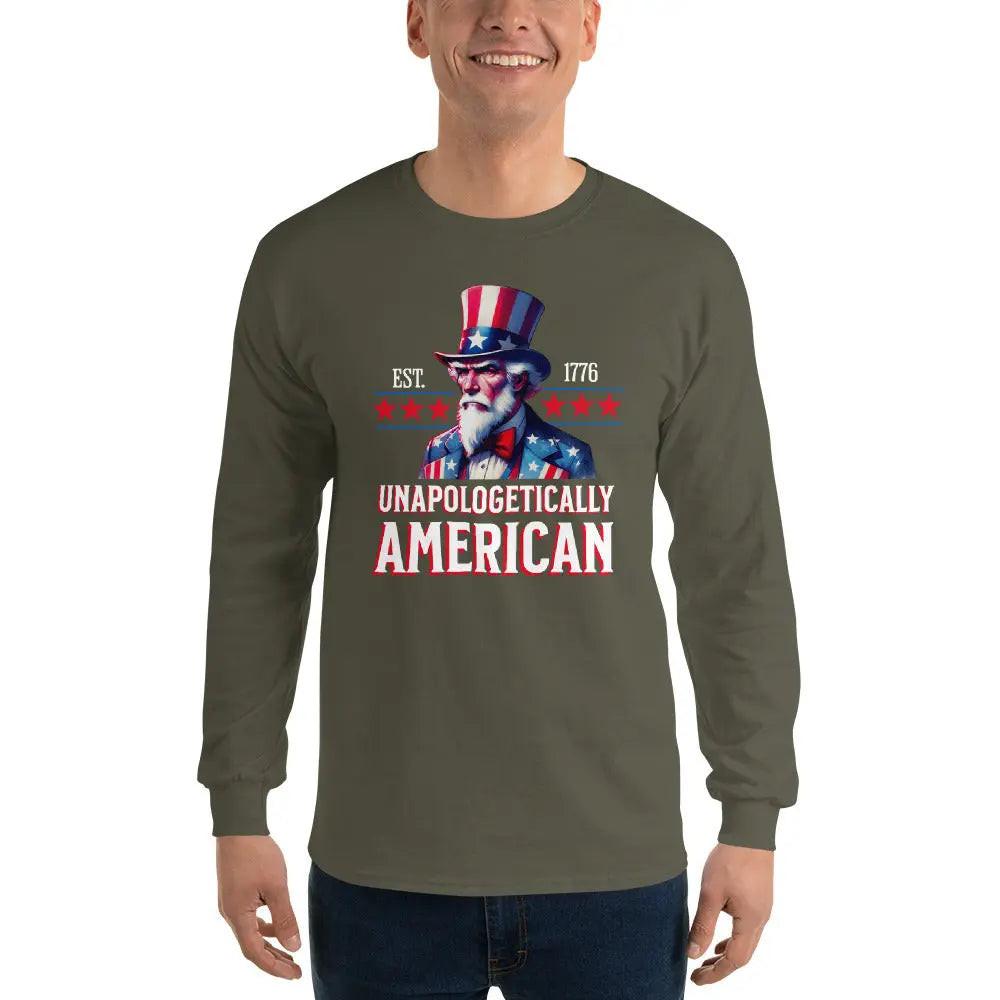 A man wearing a patriotic military green long-sleeved shirt with Uncle Sam and the text "Unapologetically American."