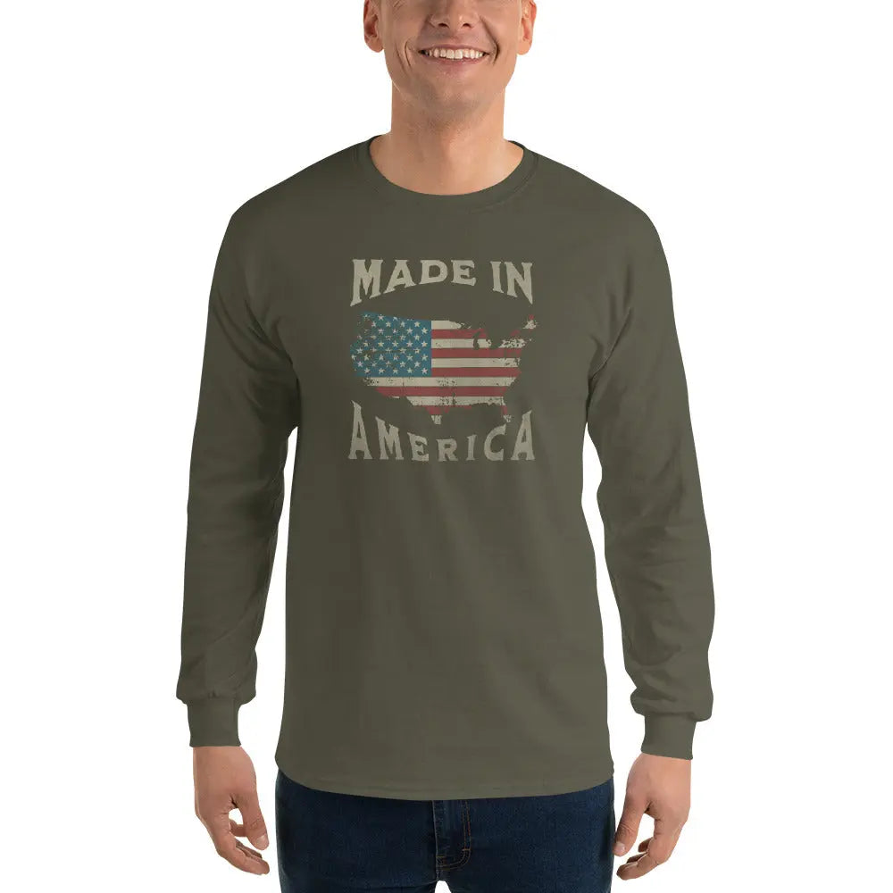 A man wearing a patriotic military green long-sleeved shirt with the American flag in the shape of America and the text "Made in America."