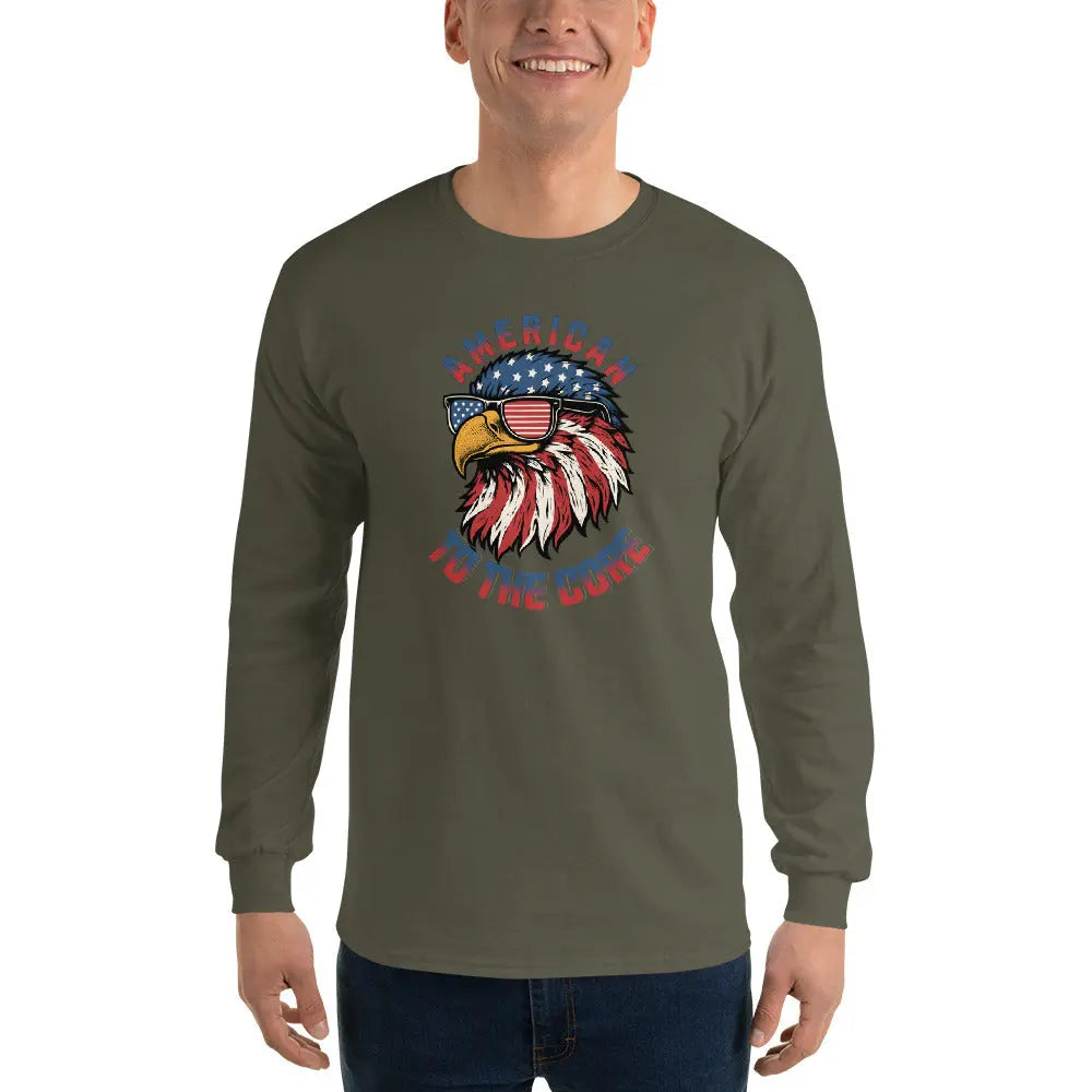 A man wearing a patriotic military green long-sleeved shirt with an eagle head and the text "American To The Core."