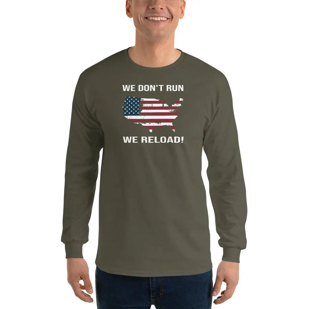 A man wearing a patriotic military green long-sleeved shirt with the American flag in the shape of America and the text "We Don't Run, We Reload."