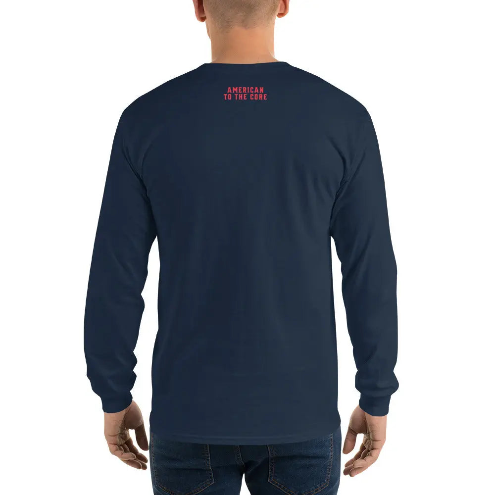 Back of a man wearing a patriotic navy blue long-sleeved shirt with the text "American To The Core."