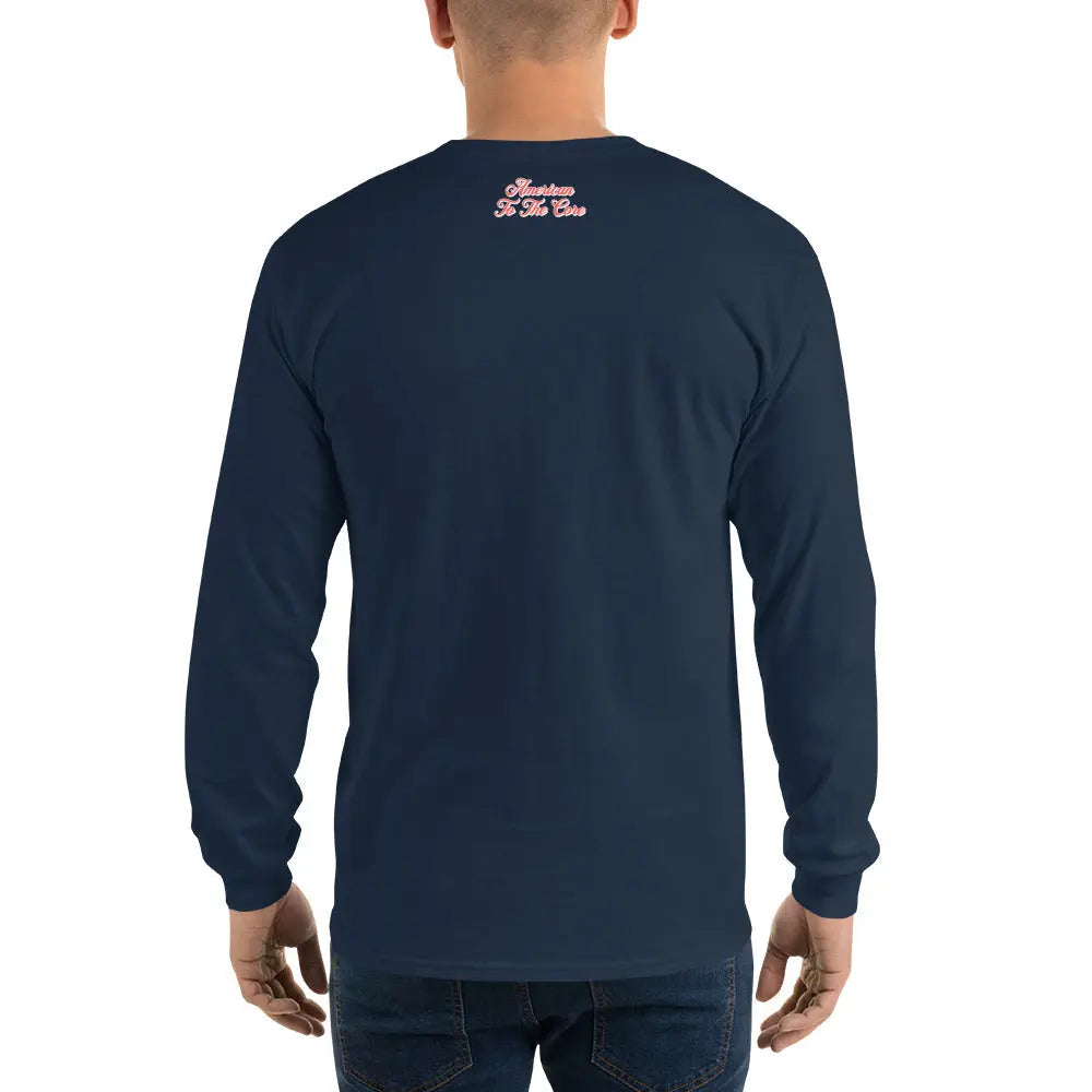 Back of a man wearing a patriotic navy blue long-sleeved shirt with the text "American to the Core."