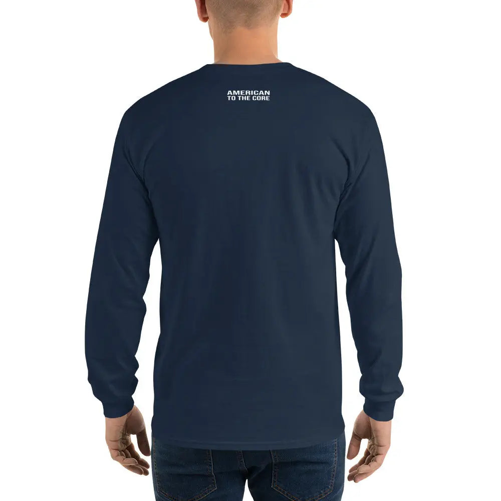 The back of a man wearing a patriotic navy blue long-sleeved shirt with the text "American To The Core."