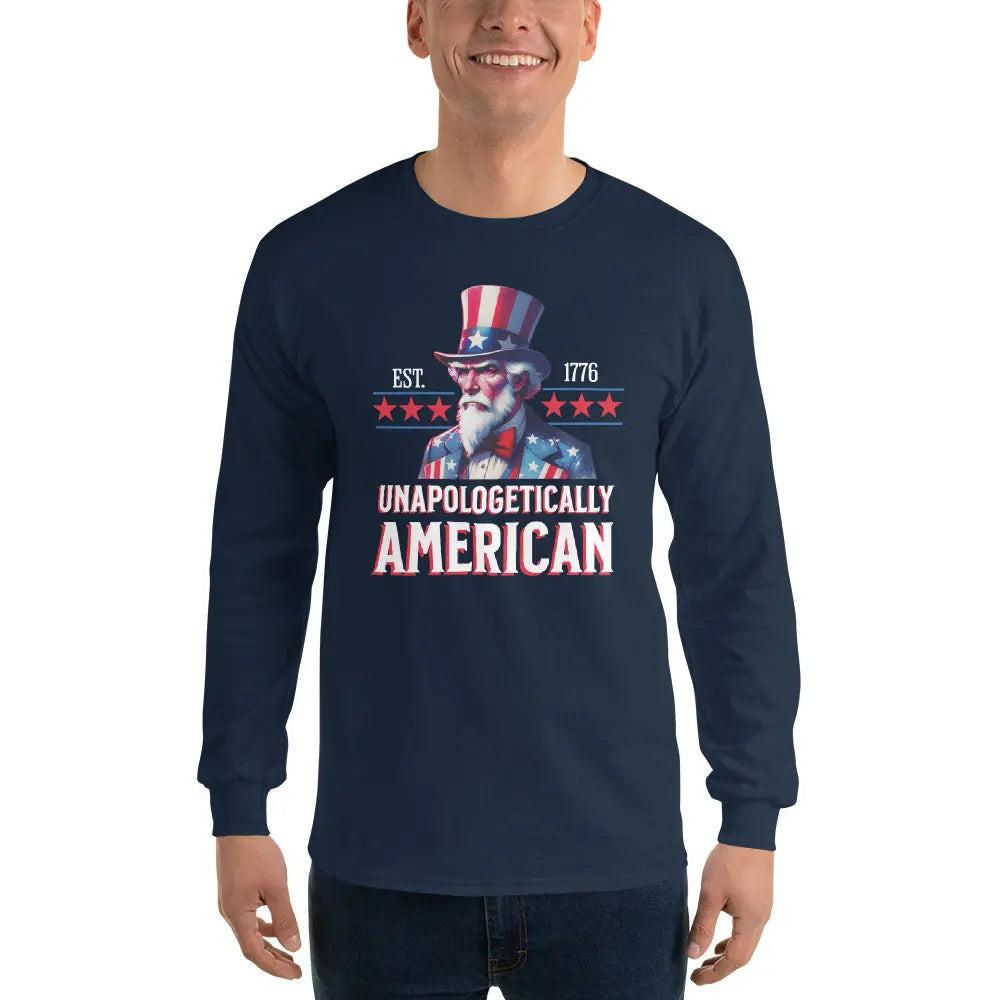 A man wearing a patriotic navy blue long-sleeved shirt with Uncle Sam and the text "Unapologetically American."