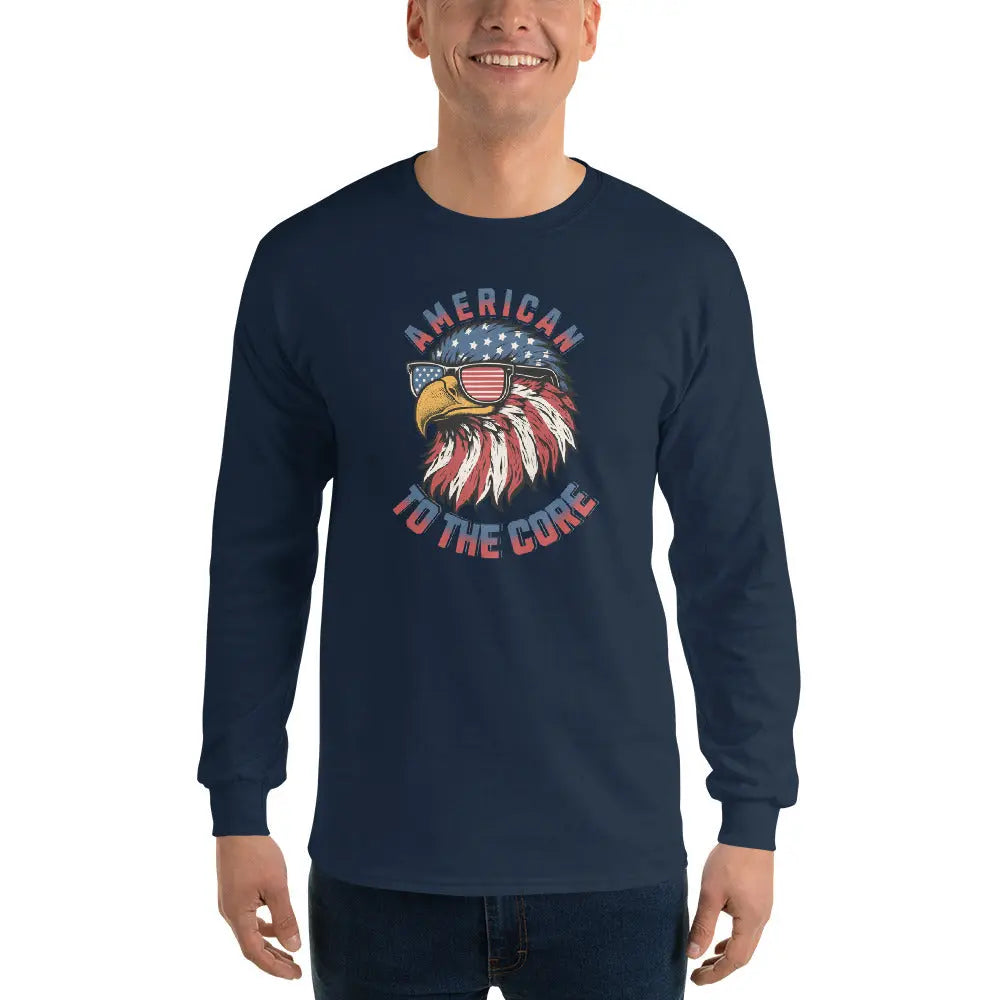 A man wearing a patriotic navy blue long-sleeved shirt with an eagle head and the text "American To The Core."