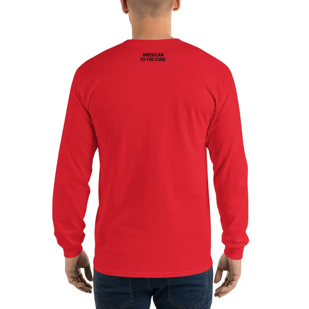 Back of a man wearing a patriotic red long-sleeved shirt with the text "American To The Core."