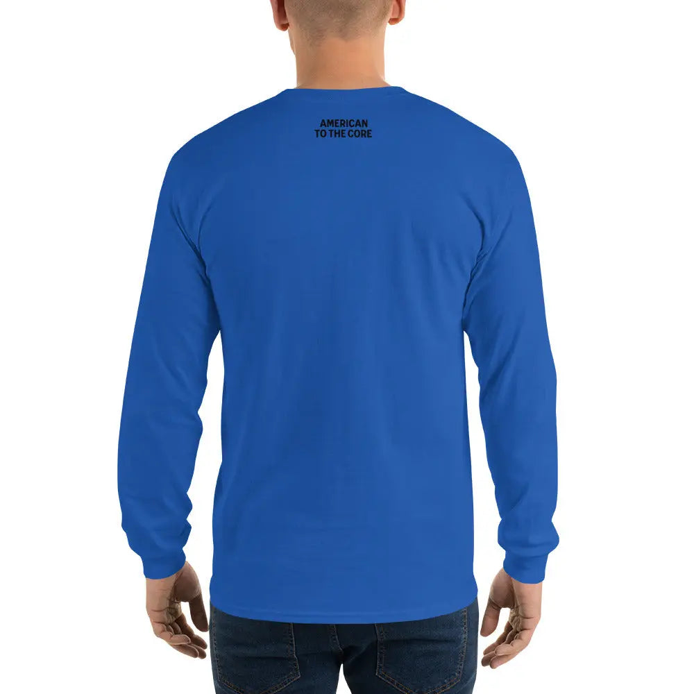 Back of a man wearing a patriotic royal blue long-sleeved shirt with the text "American To The Core."