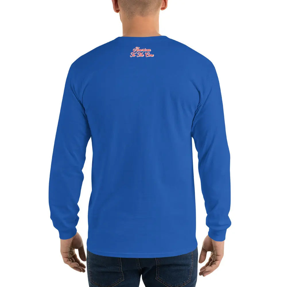 Back of a man wearing a patriotic royal blue long-sleeved shirt with the text "American to the Core."