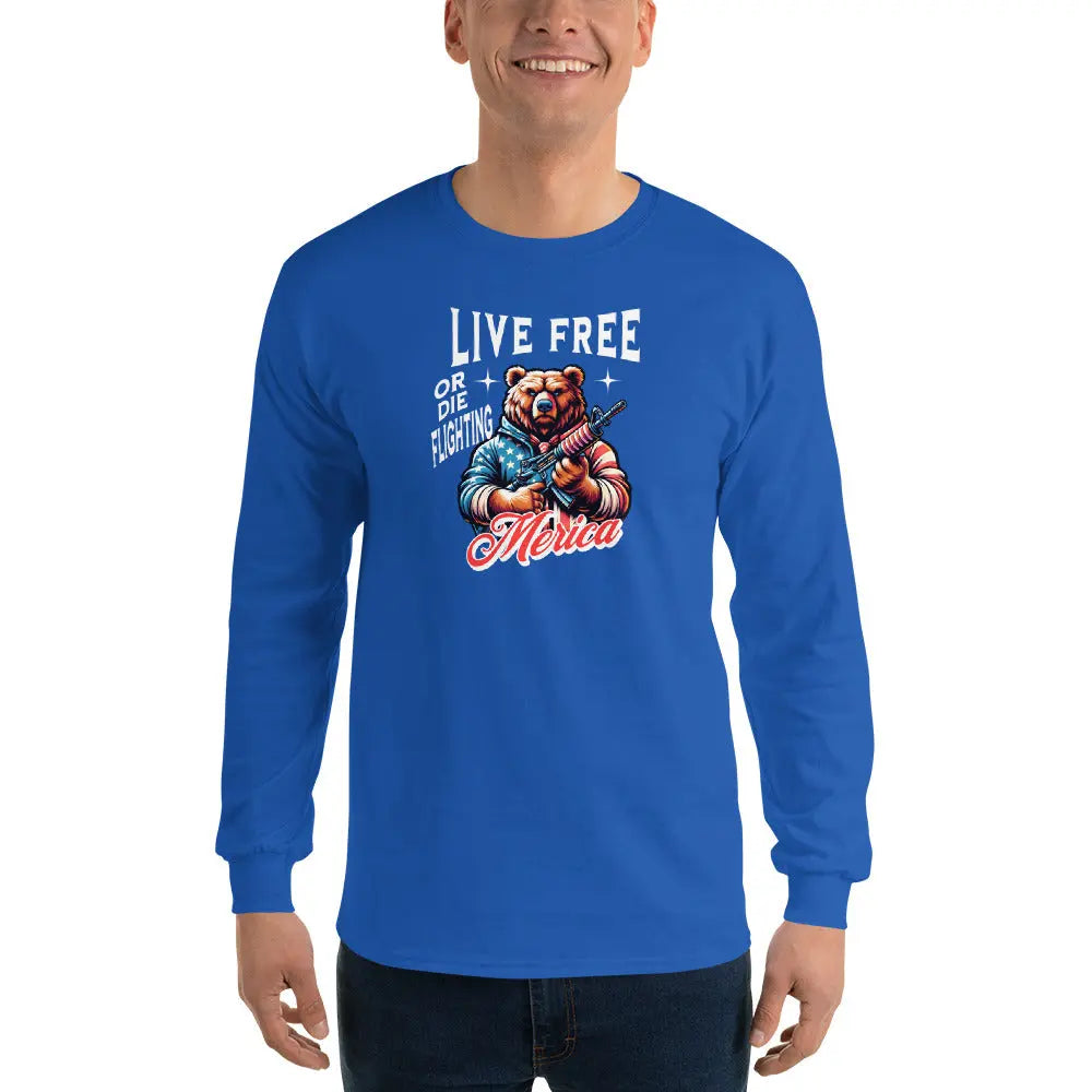 Back of a man wearing a patriotic royal blue long-sleeved shirt with a bear holding a gun and the text "Live free or die fighting, America."