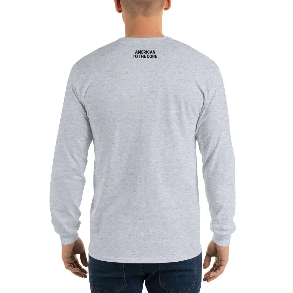 Back of a man wearing a patriotic sport-grey long-sleeved shirt with the text "American To The Core."