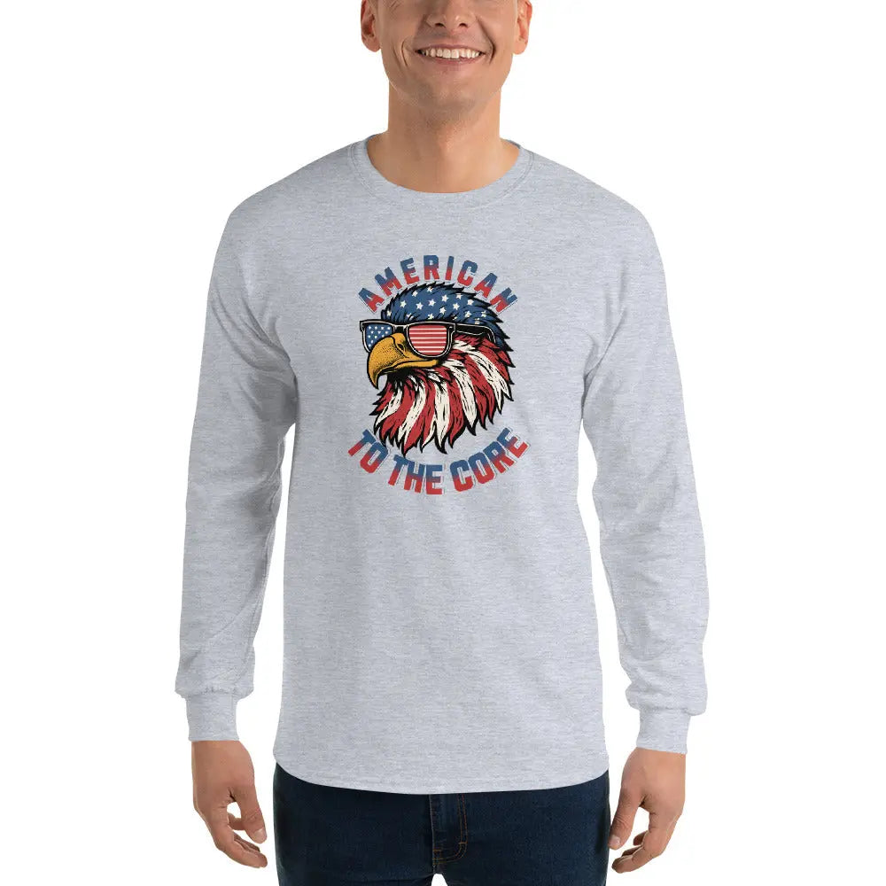 A man wearing a patriotic sport grey long-sleeved shirt with an eagle head and the text "American To The Core."