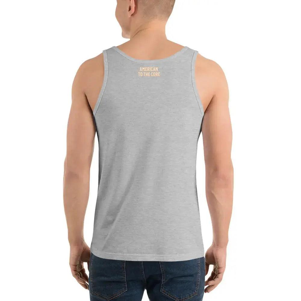 Back of a man wearing an athletic heather patriotic tank top with the text "American to the Core."
