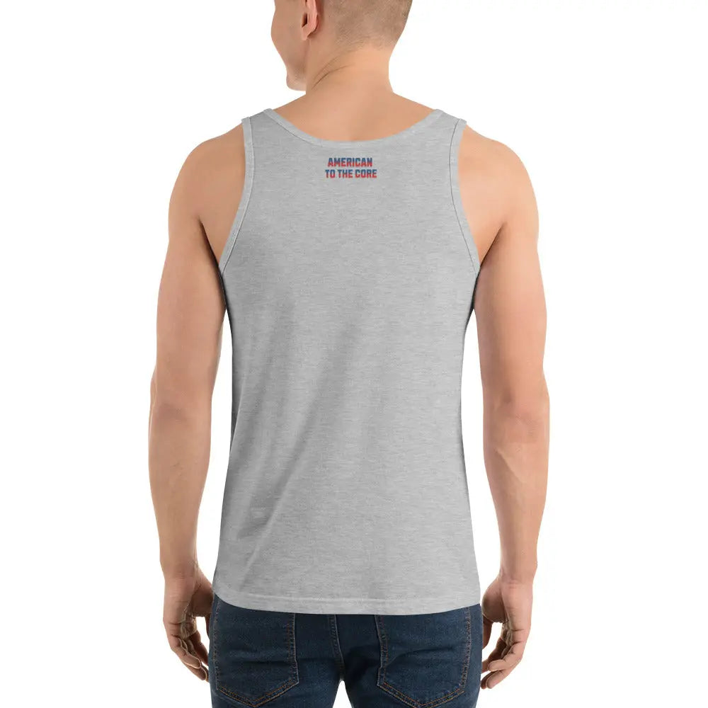 Back of a man wearing a athletic heather patriotic tank top with the text "American To The Core."