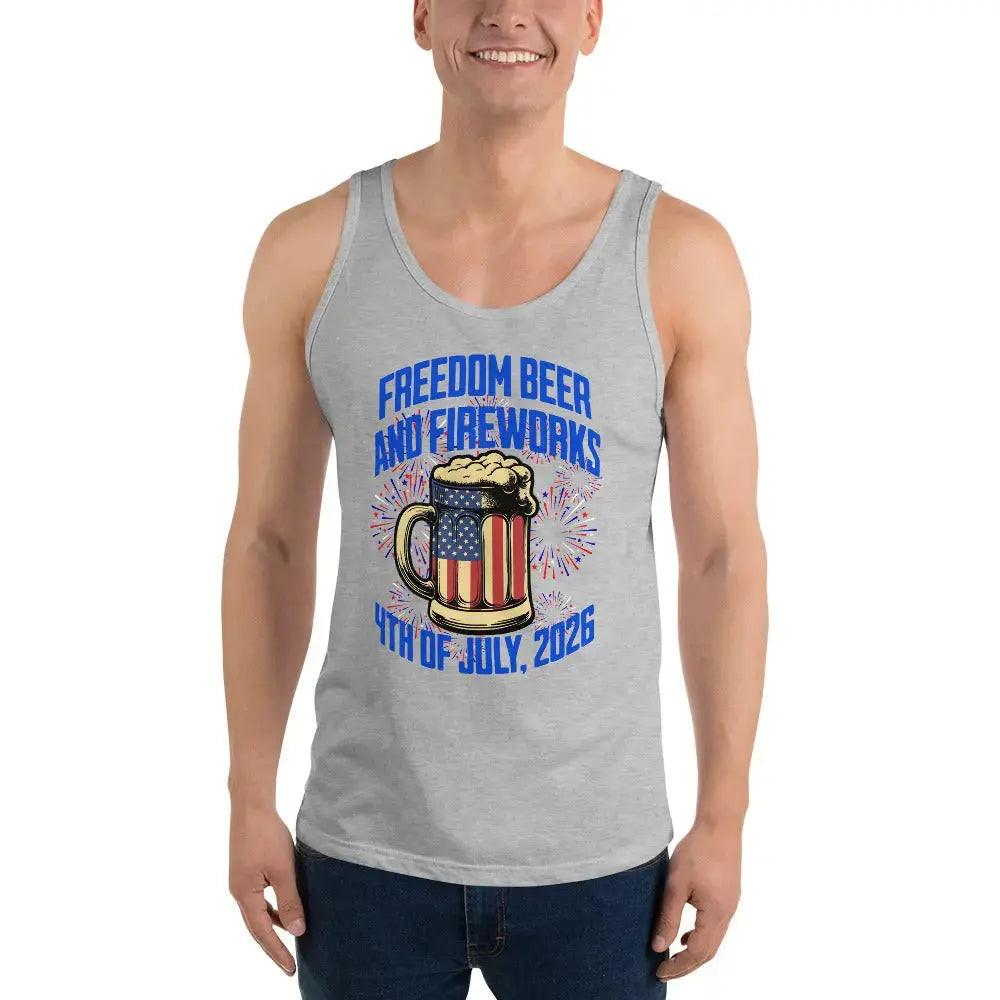 Man wearing a athletic heather patriotic tank top with an American flag in the shape of beer and the text "Freedom, Beer, and Fireworks, 4th of July, 2026."