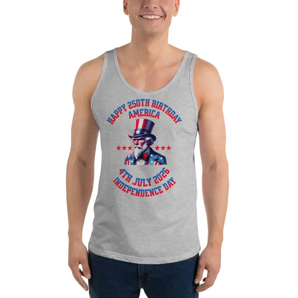 A man wearing a athletic heather patriotic tank top with Uncle Sam and the text "Happy 250th birthday, America." 