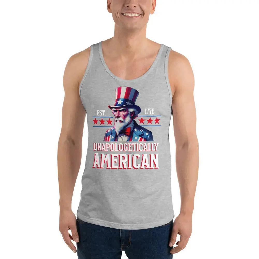 A man wearing a athletic heather patriotic tank top with an Uncle Sam design and the text "Unapologetically American."
