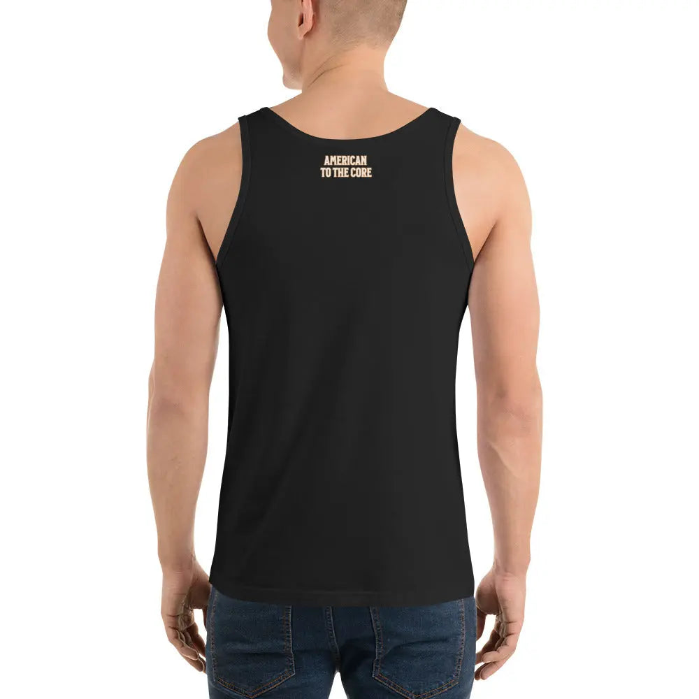 Back of a man wearing a black patriotic tank top with the text "American to the Core."
