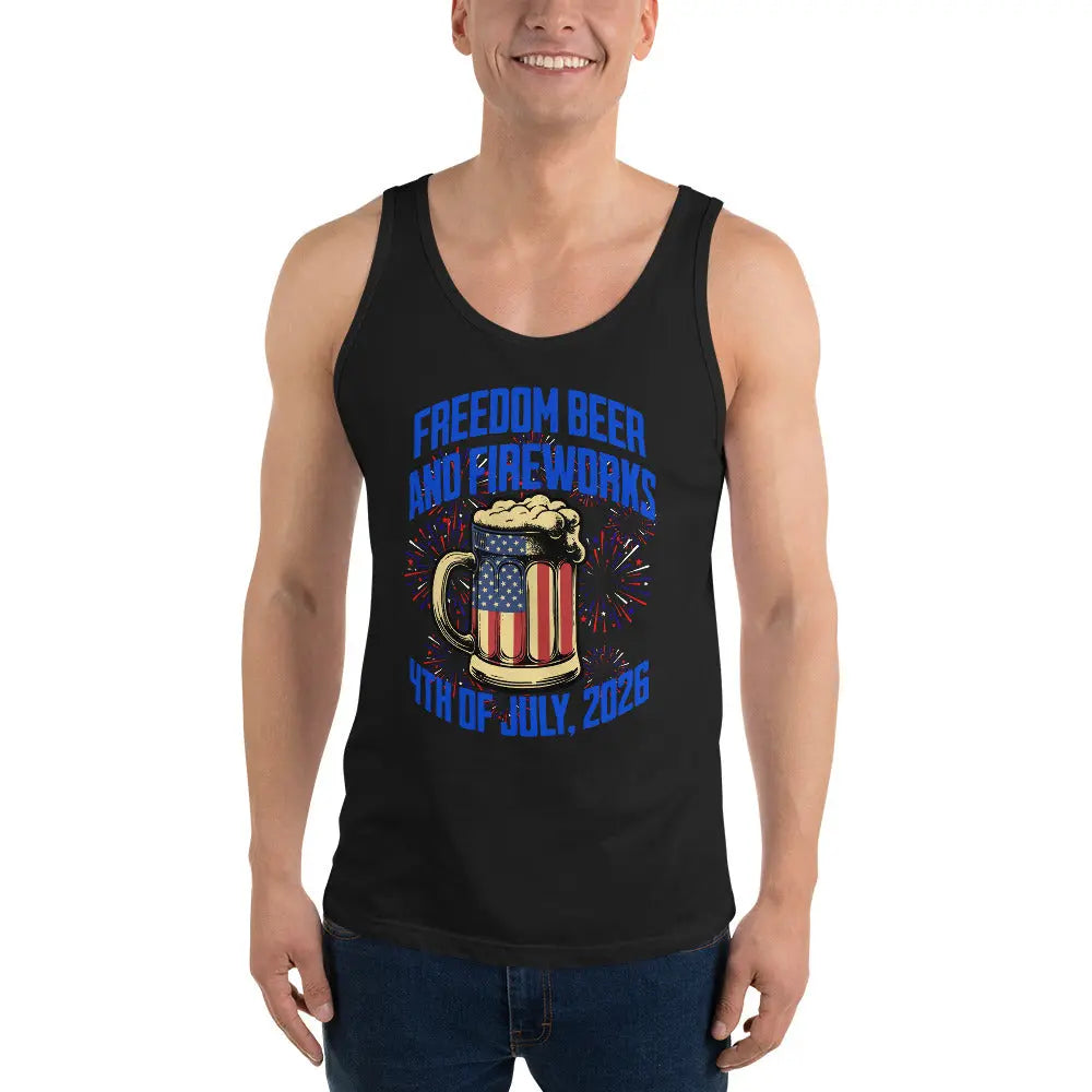 Man wearing a black patriotic tank top with an American flag in the shape of beer and the text "Freedom, Beer, and Fireworks, 4th of July, 2026."