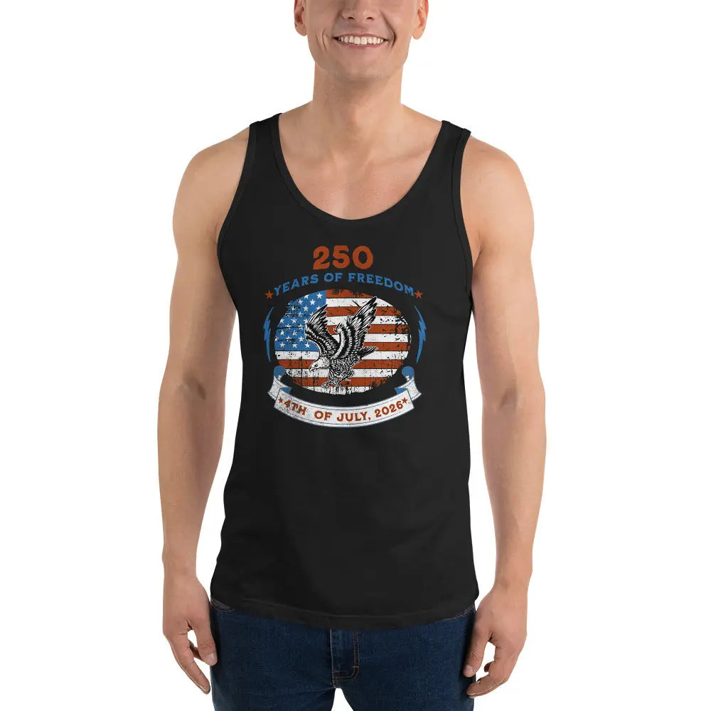 A man wearing a black patriotic tank top with a flying eagle over the American flag and the text "250 years of freedom, 4th of July, 2026."