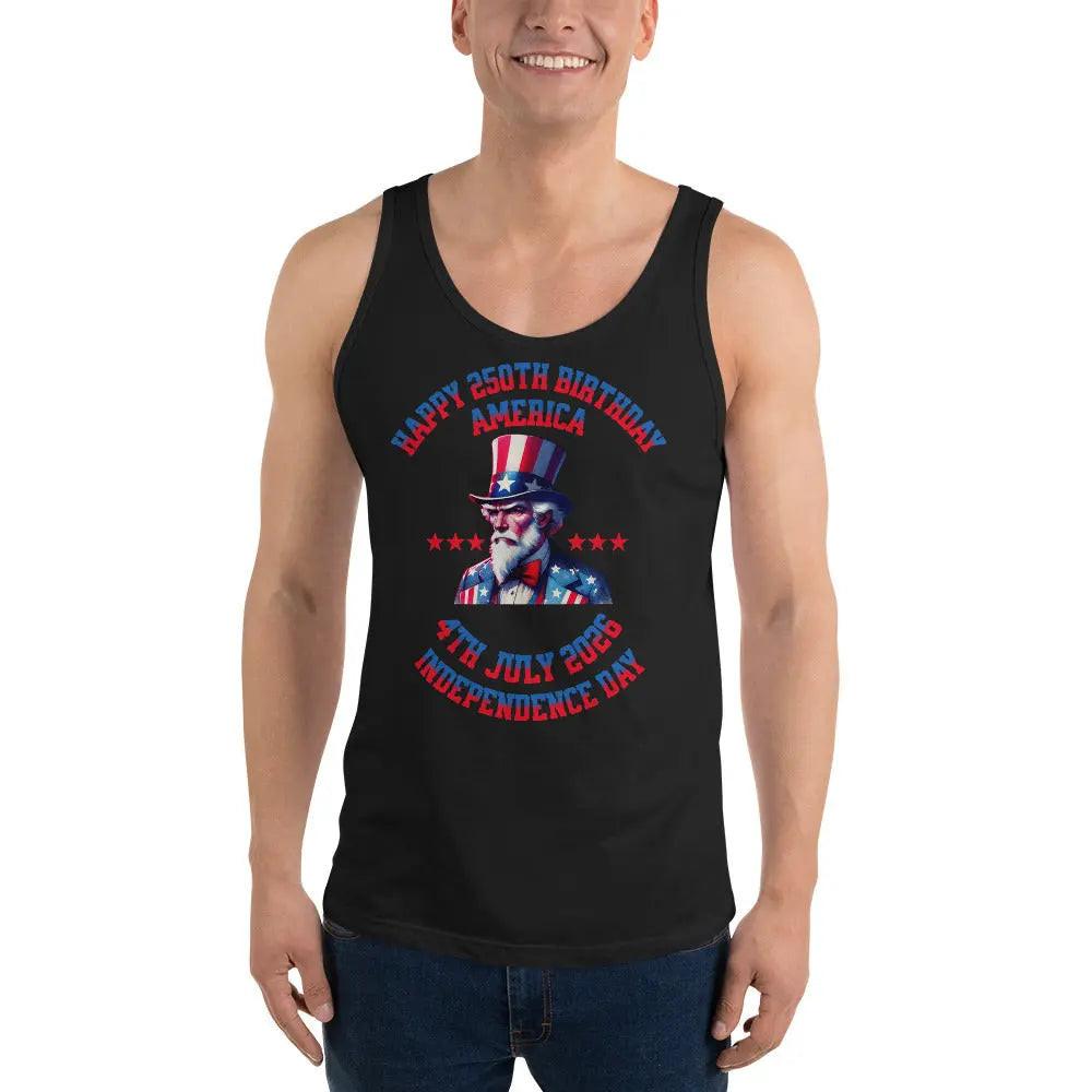 A man wearing a black patriotic tank top with Uncle Sam and the text "Happy 250th birthday America." 