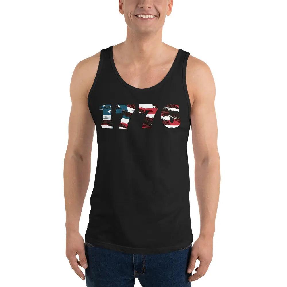 A man wearing a black patriotic tank top with the American flag in the shape of 1776. 