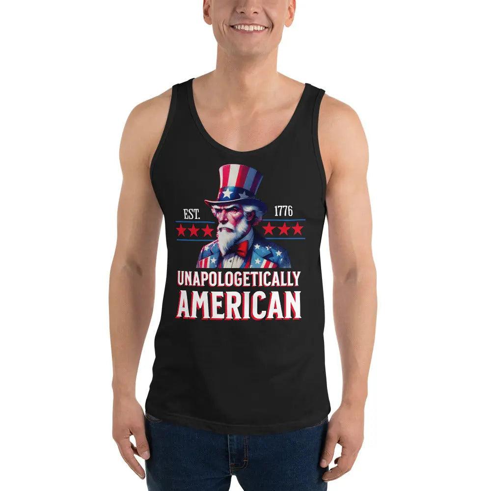 A man wearing a black patriotic tank top with an Uncle Sam design and the text "Unapologetically American."