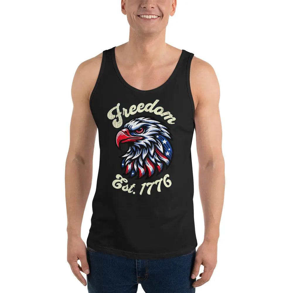 A man wearing a black patriotic tank top with an eagle head and the text "Freedom Est. 1776." 