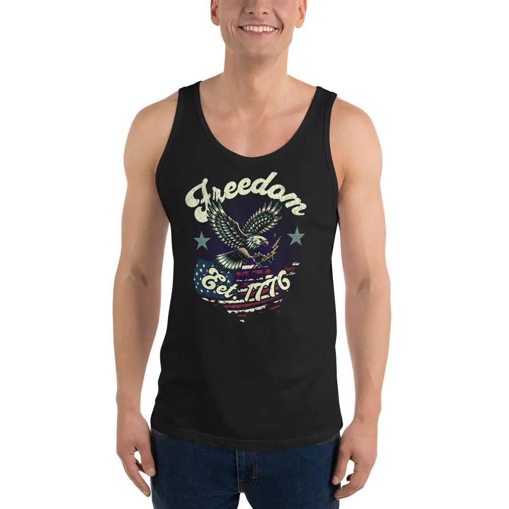 A man wearing a black patriotic tank top with an flying eagle over the American flag and the text "Freedom Est. 1776."