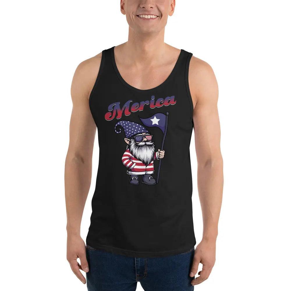 A man wearing a black patriotic tank top with a patriotic gnome and the text "Merica."