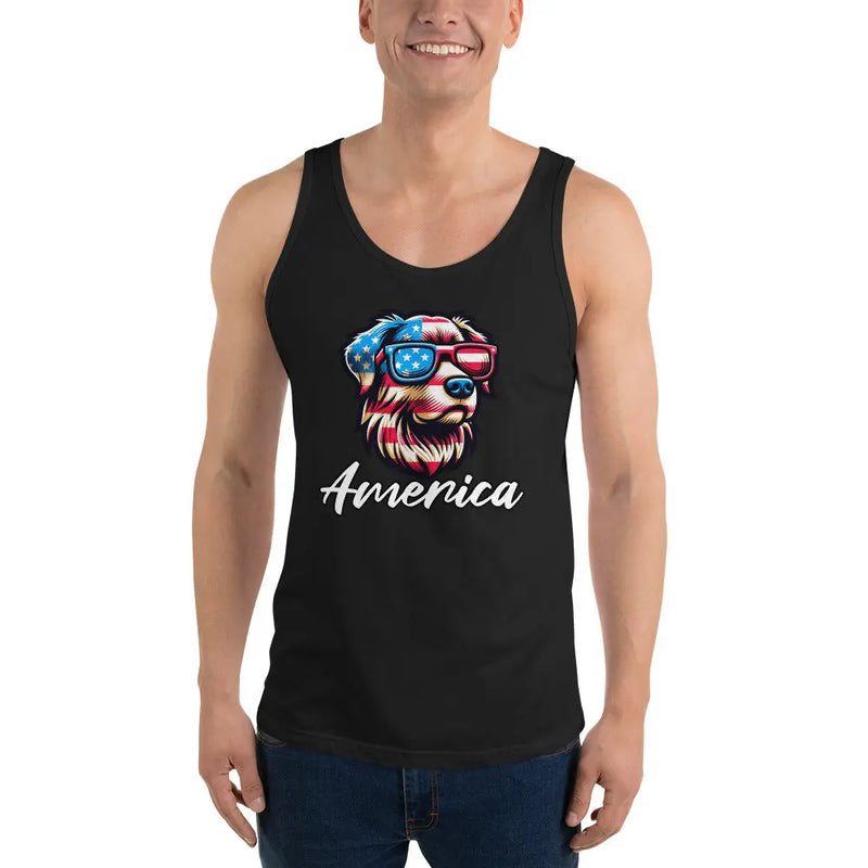 A man wearing a black patriotic tank top with an American flag dog head and the text "America."