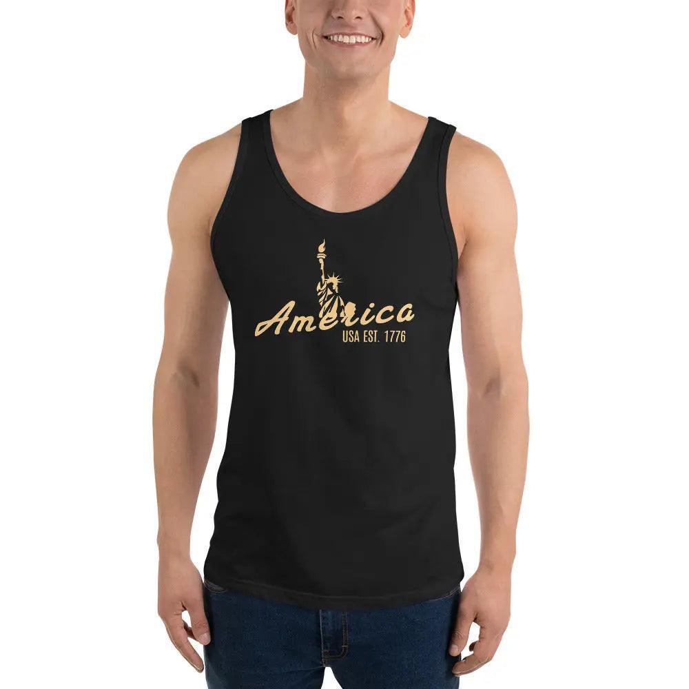 A man wearing a black patriotic tank top with the Statue of Liberty and the text "America" in gold. 