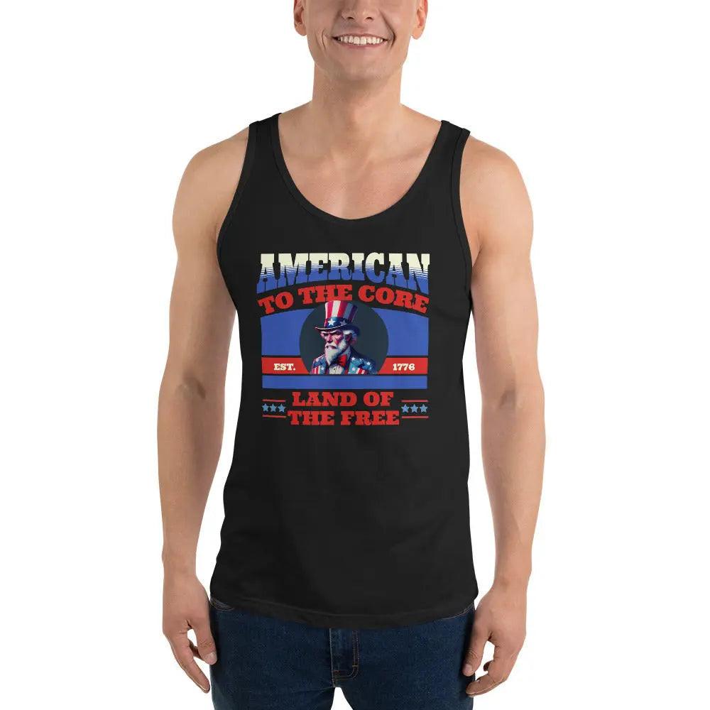 A man wearing a black patriotic tank top with Uncle Sam and the text "American to the core and land of the free."
