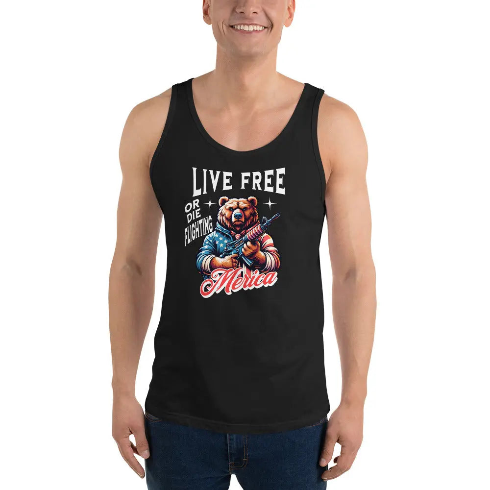 A man wearing a black patriotic tank top with a bear holding a gun and the text "Live Free or Die Fighting Merica" 