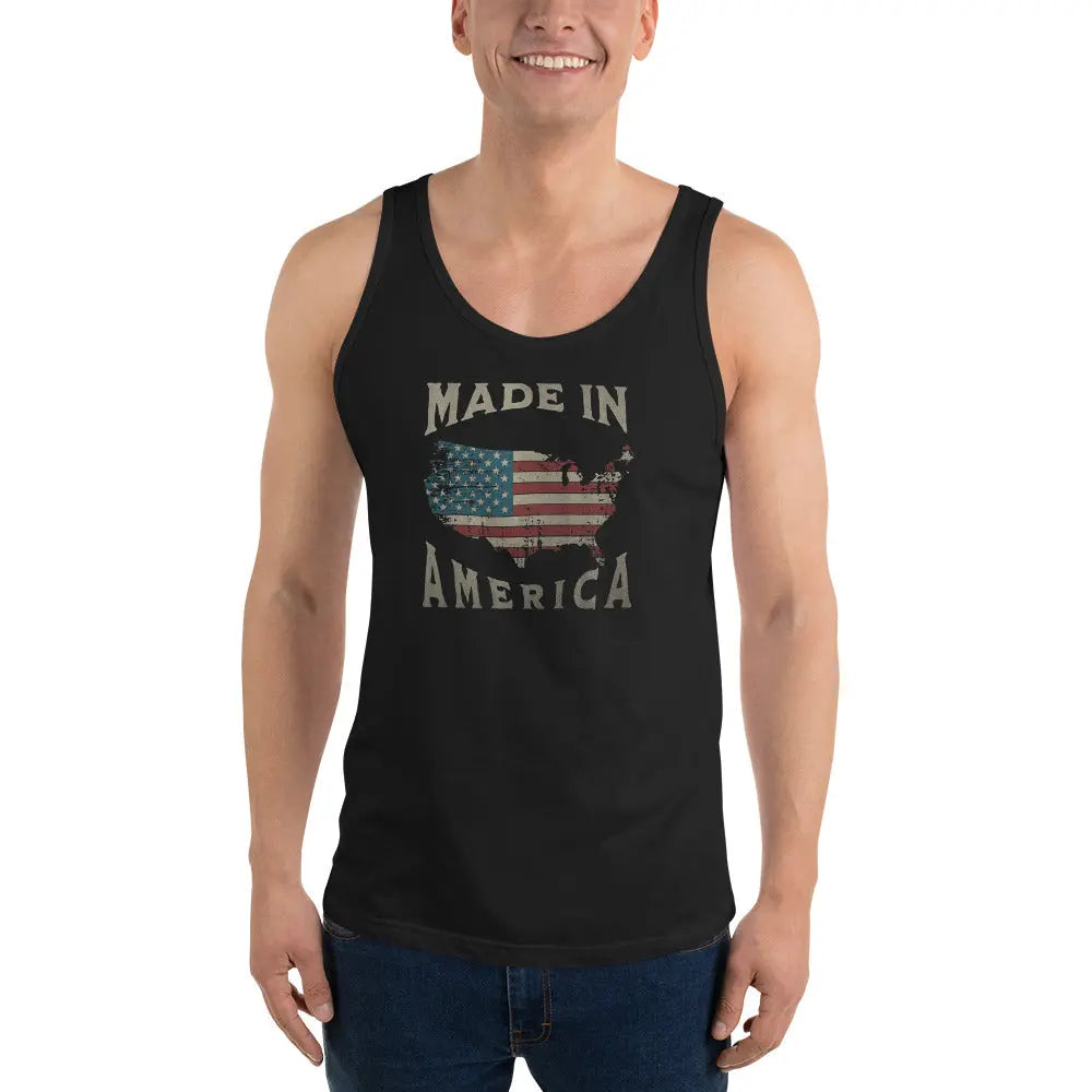 A man wearing a black patriotic tank top with the American flag in the shape of America and the text "Made In America."